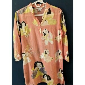 Citron Tunic Apricot W/Graphic Children At Play 100% Silk Linen Size S Adorable!